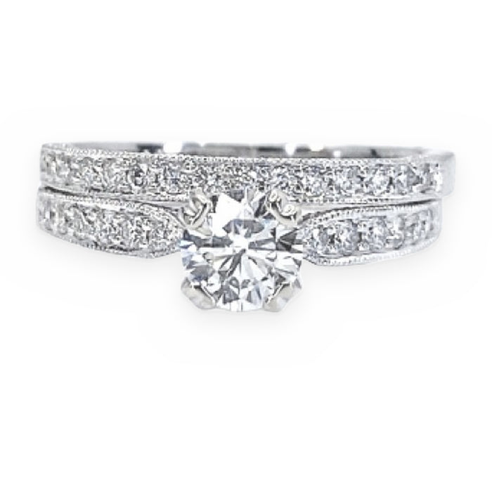 White gold round diamond engagement ring with milgrain diamond band