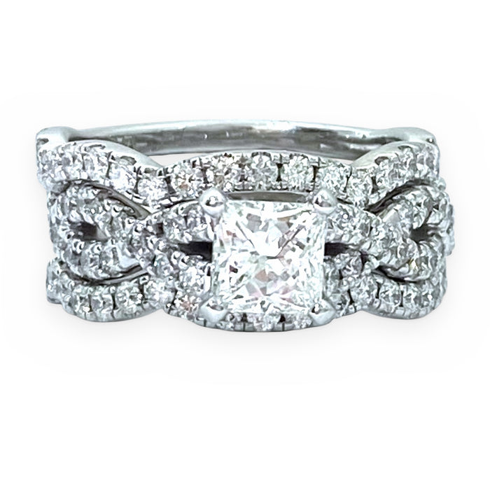 White gold princess-cut diamond halo engagement ring with twisted diamond bands