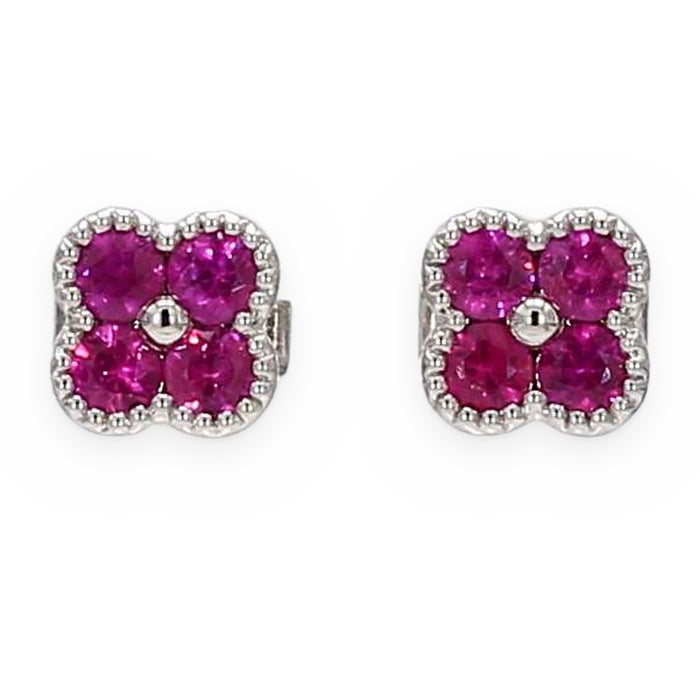 White gold ruby quatrefoil cluster stud earrings with beaded frames