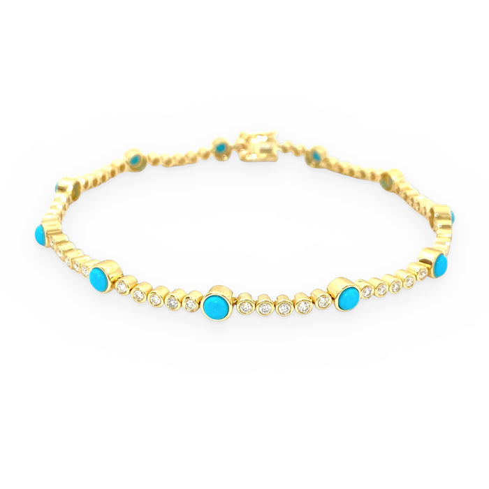 Yellow gold bracelet with bezel-set turquoise cabochons spaced among bezel-set diamonds