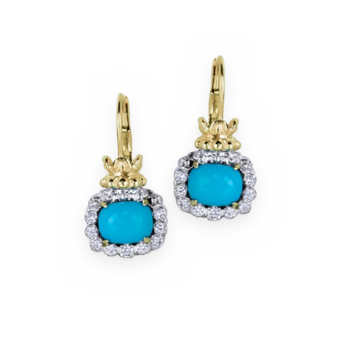 Two-tone gold and silver turquoise drop earrings with diamond halo
