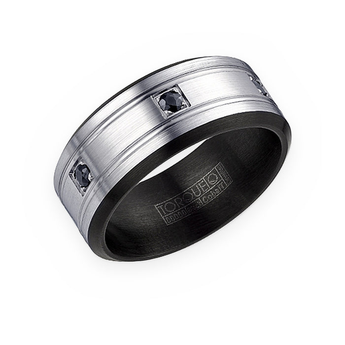 Torque two-tone men's band with black diamond accents and grooved white center